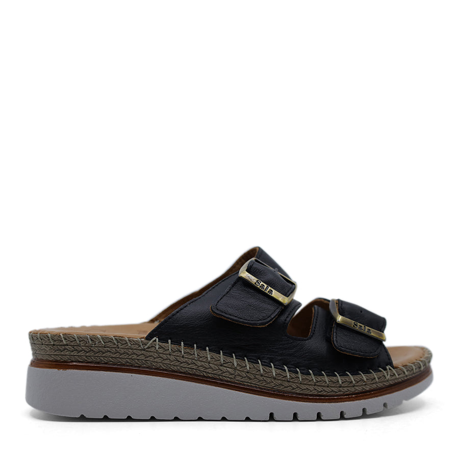 BLACK TWO STRAP BUCKLE SLIDE ON SANDAL