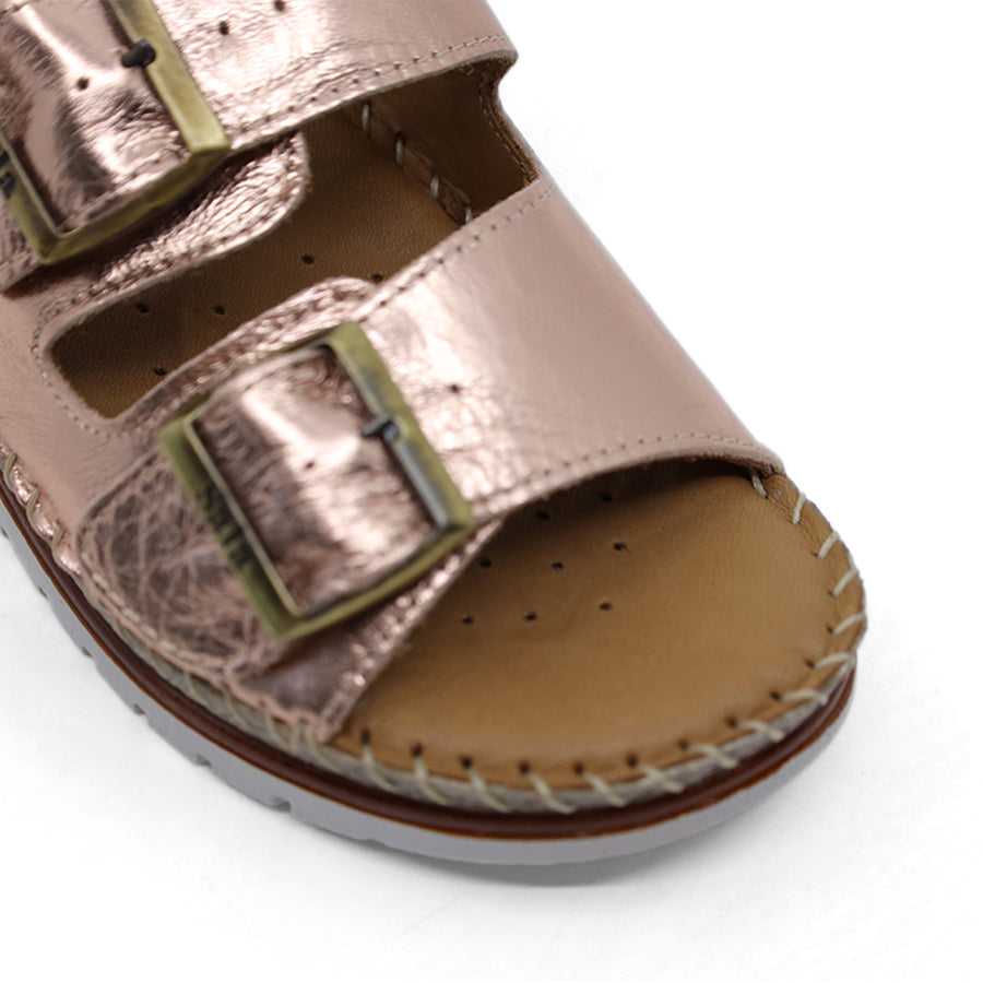 ROSE GOLD METALLIC TWO STRAP BUCKLE SLIDE ON SANDAL