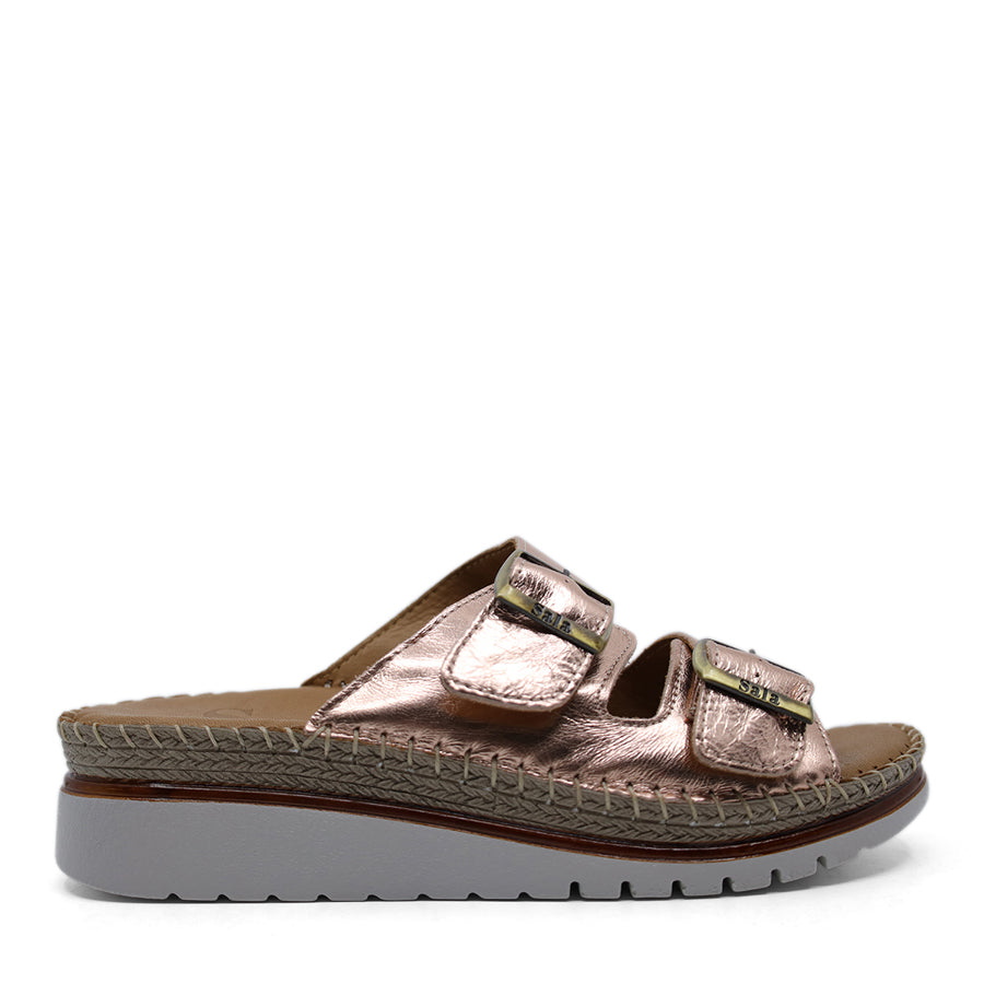 ROSE GOLD METALLIC TWO STRAP BUCKLE SLIDE ON SANDAL