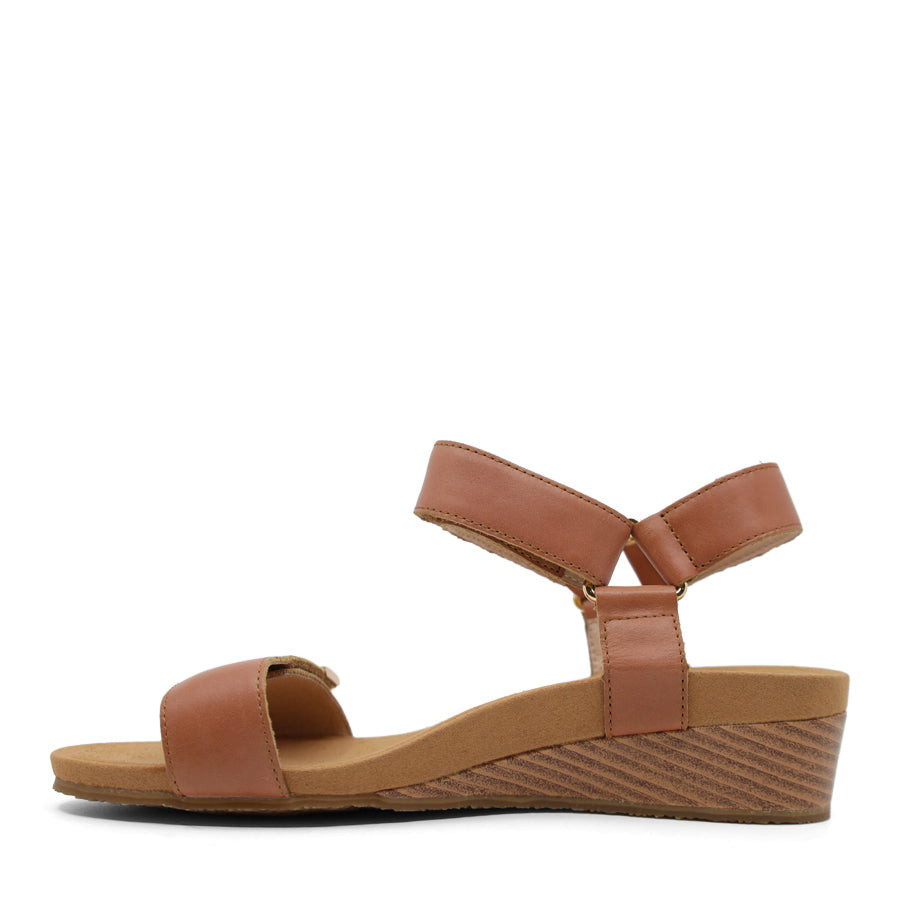 TAN BROWN VELCRO STRAP WEDGE HEEL SANDAL