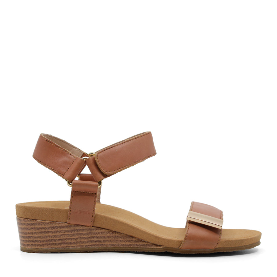 TAN BROWN VELCRO STRAP WEDGE HEEL SANDAL