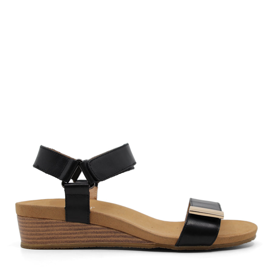 BLACK VELCRO STRAP WEDGE HEEL SANDAL