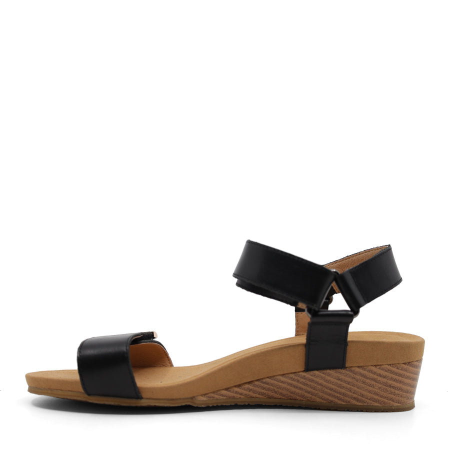 BLACK VELCRO STRAP WEDGE HEEL SANDAL