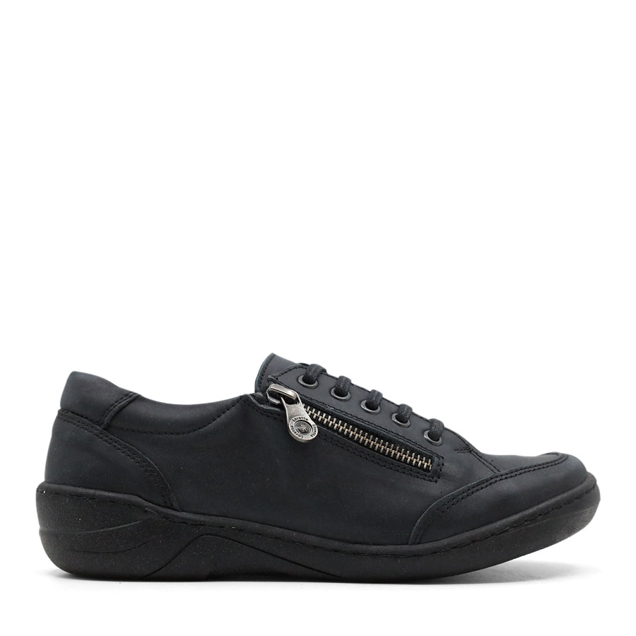 BLACK LEATHER LACE UP SNEAKER WITH SIDE ZIP