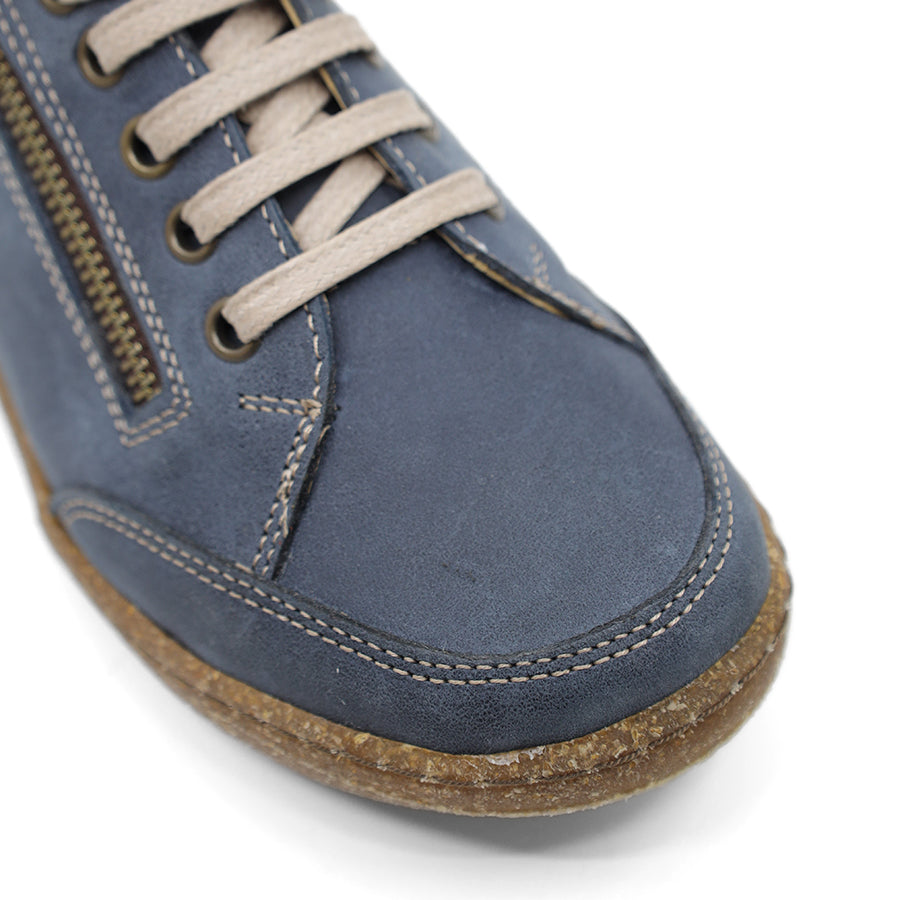 BLUE LEATHER LACE UP SNEAKER WITH SIDE ZIP