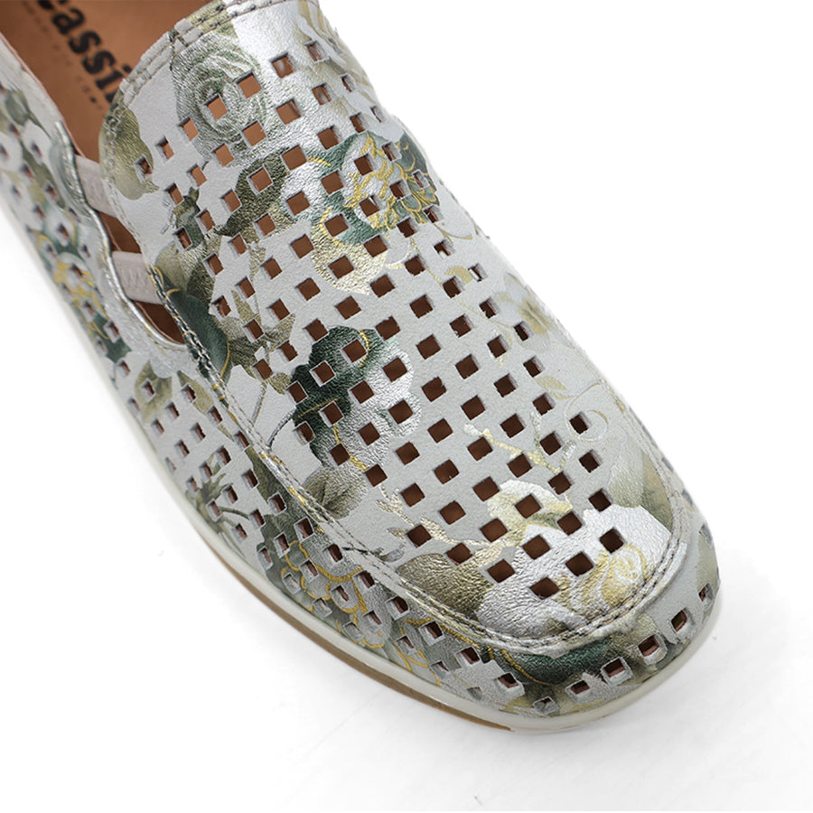 GREEN FLORAL METALLIC LASERCUT SLIP ON FLAT LOAFER