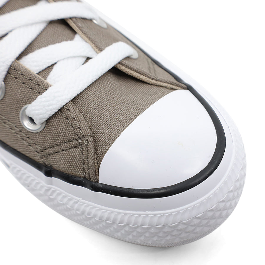 TAUPE BEIGE CANVAS UPPER WHITE BLACK STRIPE SOLE LACE UP MID RISE SNEAKER