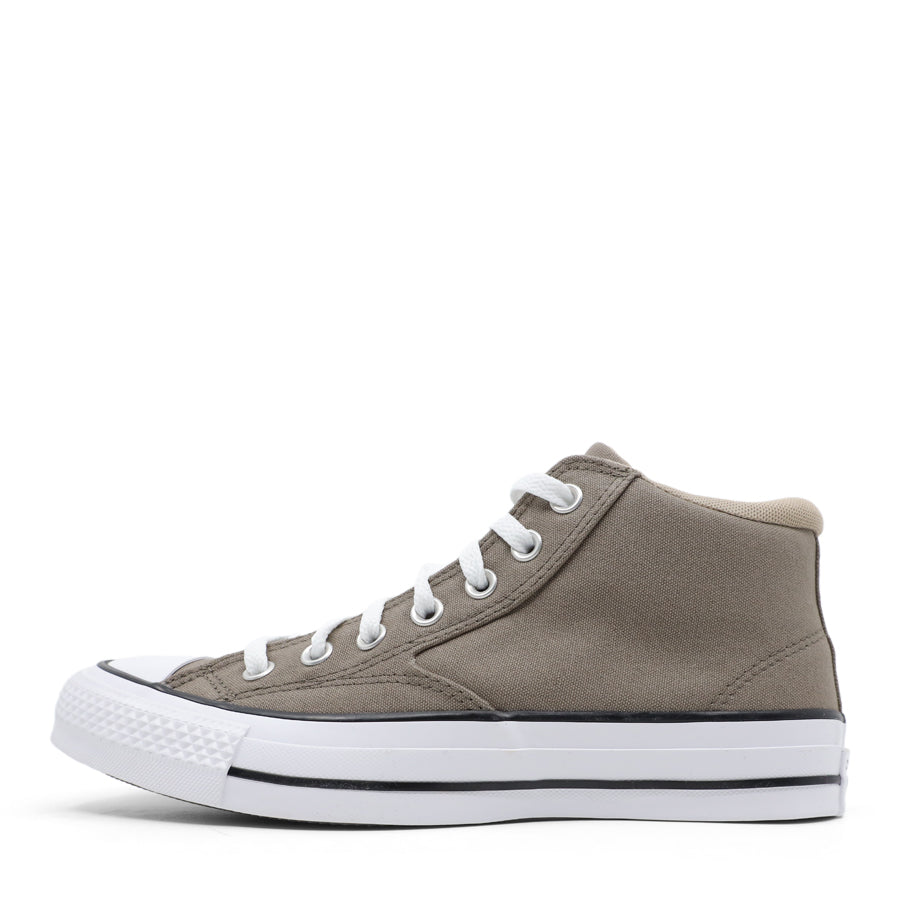 TAUPE BEIGE CANVAS UPPER WHITE BLACK STRIPE SOLE LACE UP MID RISE SNEAKER