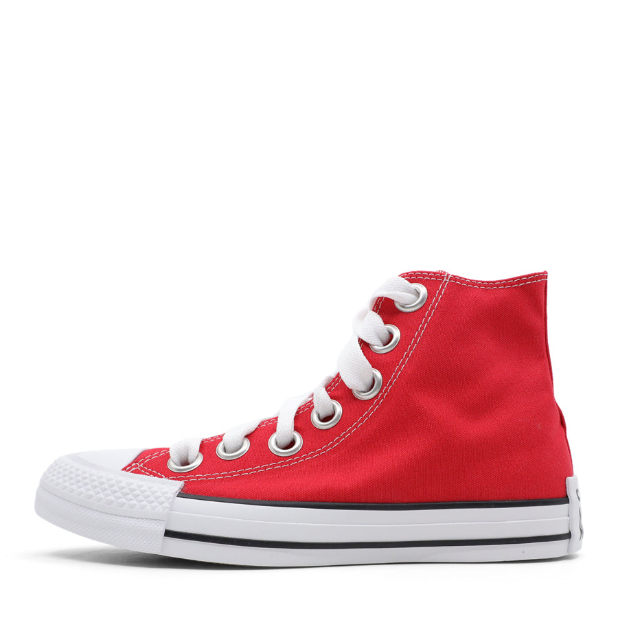 RED CANVAS UPPER WHITE BLACK STRIPE SOLE WIDE LACE UP HIGH TOP SNEAKER