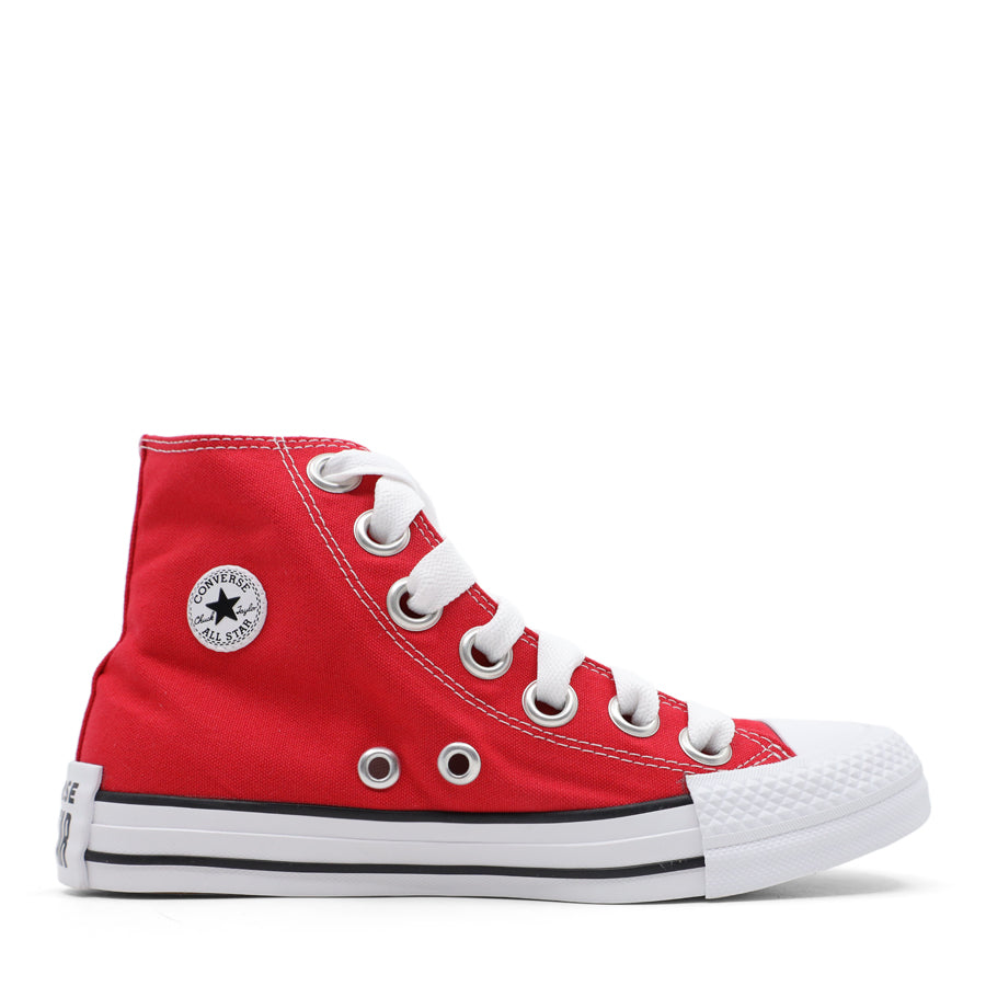 RED CANVAS UPPER WHITE BLACK STRIPE SOLE WIDE LACE UP HIGH TOP SNEAKER